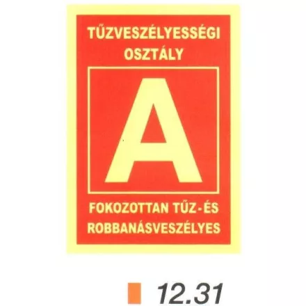 "A" tűzveszélyességi osztály, után világítós tábla 12.31