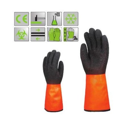 Bélelt PVC fluo narancs  sav-, lúg-, és vegyszerálló védőkesztyű, 35 cm, fekete Coral típusú érdesí