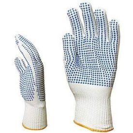   4367-69 kötött, rugalmas, 100% poliamid, kopásálló munkavédelmi kesztyű mindkét oldalon csúszás elleni kék pöttyök, gumírozott mandzsetta