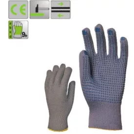   Vékony szürke kopásálló, kék pettyes, 13-as kötésű nylon védőkesztyű
