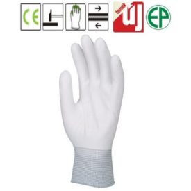   6016-21 FEHÉR PRECÍZIÓS POLIÉSZTER munkavédelmi KESZTYŰ, PU MÁRTOTT TENYÉRREL, szerelőkesztyű