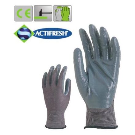 Poliamid szerelőkesztyű, fekete nitrillel mártva, Actifresh