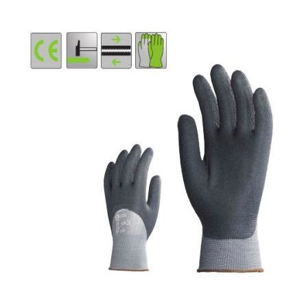 Poliamid szerelőkesztyű, a tenyéren és a kézháton mikrohabosított, szürke vízbázisú PU mártással