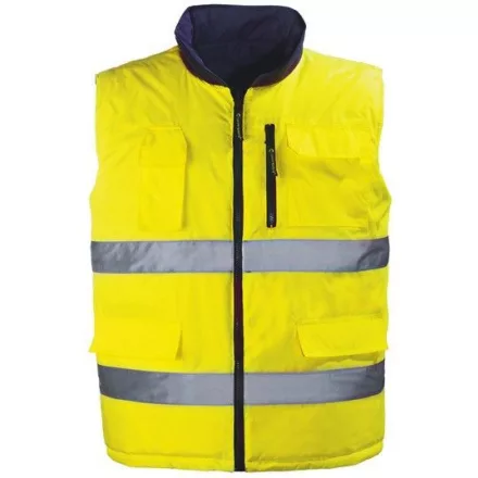 Fluo sárga, bélelt, kifordítható mellény, Oxford külső, szürke vízhatlan belső, fv csíkok, M