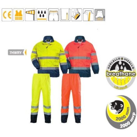 Fluo esőruha, Pes/PU Breathane  Oxford, szellőző, sárga/kék, Jólláthatósági
