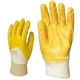   Pamutra ökölcsontig mártott sárga nitril munkavédelmi kesztyű, csúszás ellen enyhén érdesített tenyér, gumírozott mandzsetta (9307-9310)