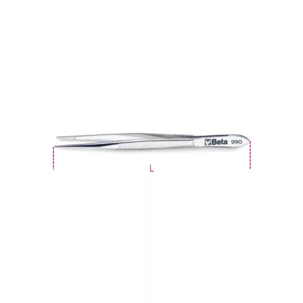 990 130 Egyenes csipesz lekerekített heggyel, fogazott, rozsdamentes acélból, polírozott