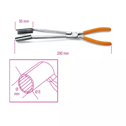 1474L Gyertyakiszedő fogó, 15°-os hajlított pofával, hosszított kivitel, krómozott, PVC-bevonatú szárral