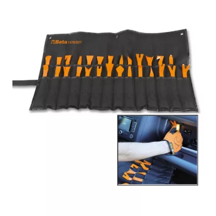 1479/B27 27 darabos nylon szerszámkészlet kárpitpatentekhez, és műanyagokon és tömítéseken történő munkavégzéshez felfüggeszthető tartóban