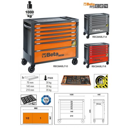 RSC24AXL/7-R-7 FIÓKOS SZERSZÁMKOCSI BORULÁSGÁTLÓ RENDSZERREL, HOSSZÚ MODELL