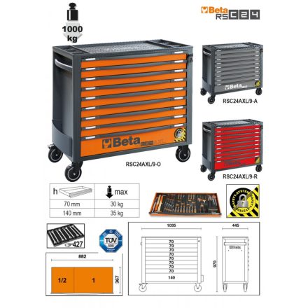 RSC24AXL/9-R-9 FIÓKOS SZERSZÁMKOCSI BORULÁSGÁTLÓ RENDSZERREL, HOSSZÚ MODELL