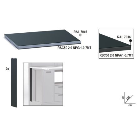 RSC50 2.0 NPG/1-0,7MT Fémlemez munkalap, 0,75 m széles, munkapadhoz, az RSC50 2.0 műhelyberendezés összeállításhoz