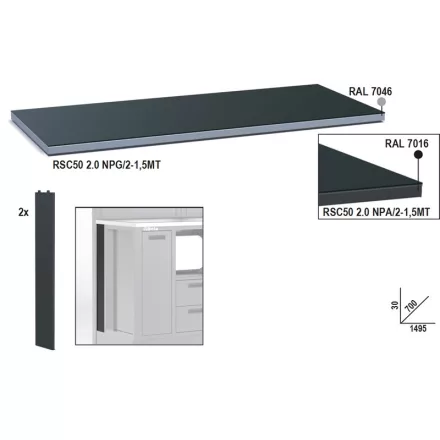 RSC50 2.0 NPA/2-1,5MT Fémlemez munkalap, 1,5 m széles, munkapadhoz, az RSC50 2.0 műhelyberendezés összeállításhoz