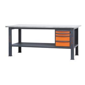   C58BC-X2,1 8CA/A Rozsdamentes acéllal fedett MDF munkalapos munkapad, 2,1 m széles, 8 fiókkal és ajtós modullal