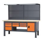 C58BCA-W2,1/O 2,1 m széles, teljes munkapad, fa munkalappal, 8 fiókkal és ajtós modullal