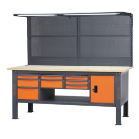   C58BCA-W2,1/O 2,1 m széles, teljes munkapad, fa munkalappal, 8 fiókkal és ajtós modullal