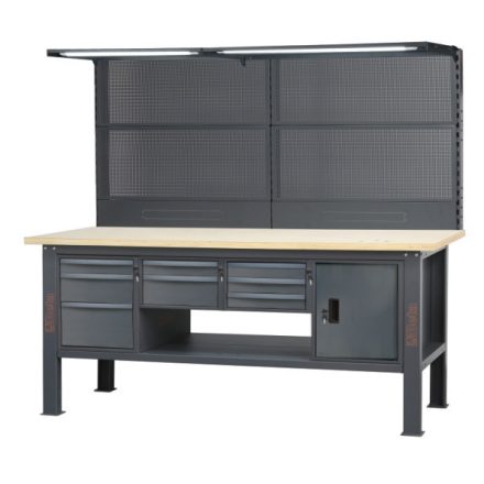 C58BCA-W2,1/A 2,1 m széles, teljes munkapad, fa munkalappal, 8 fiókkal és ajtós modullal