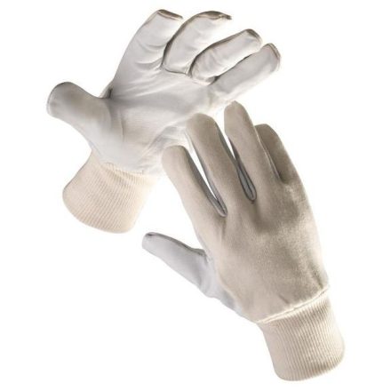 PELICAN PLUS színkecskebőr tenyerű fehér pamutszövet kézhátú kombinált munkavédelmi kesztyű kötött mandzsettával.