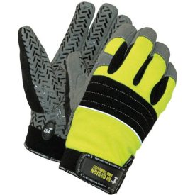   1st GRIP Poliészter/Spandex munkavédelmi kesztyű, szintetikus bőr tenyér és körömvédők, szilikon mintával a tenyéren, neoprén mandzsetta tépőzárral.