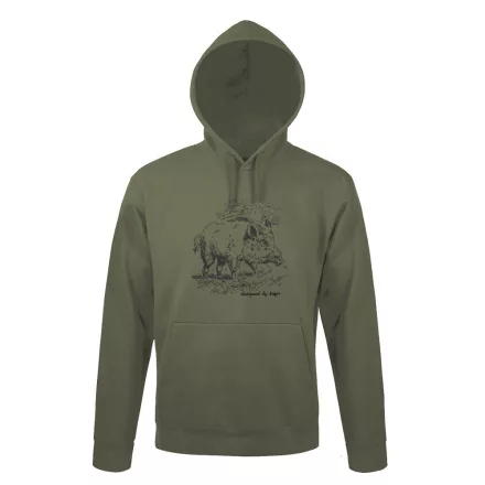 Kapucnis pulóver (vaddisznó mintával) 50% pamut 50% poliészter, military green, M