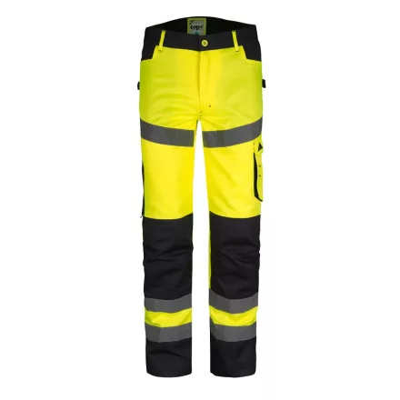 Munkanadrág derekas jólláthatósági, 65% poliészter, 35% pamut, fényvisszaverő csíkok,multifunkciós zsebek,fluosárga, 3XL