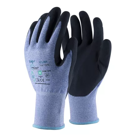 Védőkesztyű TOP RCL001 PE+spandex, habosított érdesített latex mártás, kék/fekete, 11
