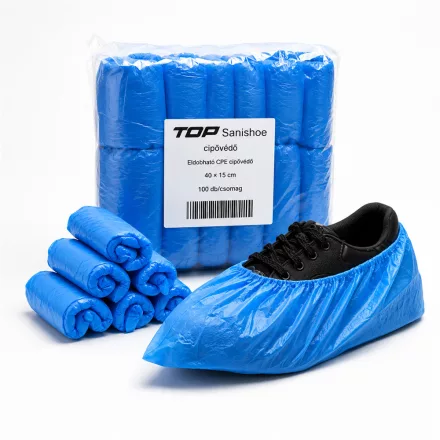 Cipővédő TOP SANISHOE gumírozott CPE, kék, 100db/csomag
