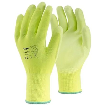 TOP FLUO-Y_PLUS PU MÁRTOTT VÉDŐKESZTYŰ, GUMÍROZOTT MANDZSETTA, FLUO SÁRGA