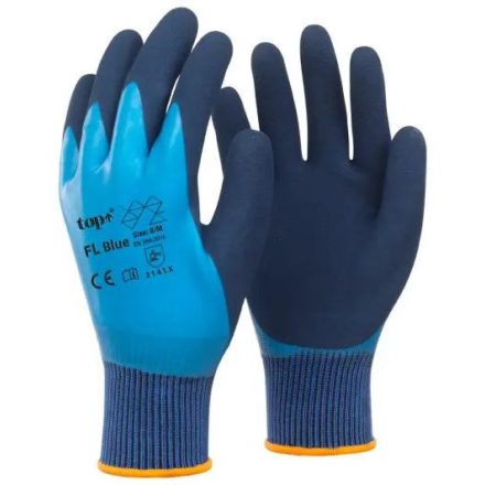 TOP FL BLUE LATEX MÁRTOTT POLIÉSZTER KESZTYŰ, GUMÍROZOTT MANDZSETTA 
