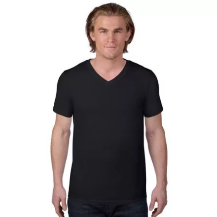 an982bl-s, ANVIL (AN982) nyári rövid ujjú férfi póló 100%pamt/fésült pamut V nyakú, Fekete/Black
