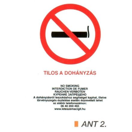 Dohányozni tilos matrica, 4 nyelvű, ANTSZ és Korm. rendelet alapján ant2