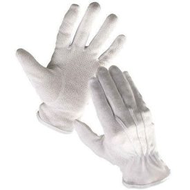   BUSTARD Kötött pamutkelméből varrt, mandzsetta nélküli munkavédelmi kesztyű PVC-vel pontozott tenyérrel és ujjakkal, rugalmas szalaggal a csukló felső részén.