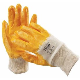   HARRIER YELLOW Kötött pamutkelméből varrt, nitrilbe félig mártott kék munkavédelmi kesztyű rugalmas kötött mandzsettával.