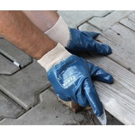   HARRIER FULL Kötött pamutkelméből varrt, nitrilbe félig mártott kék munkavédelmi kesztyű rugalmas kötött mandzsettával.