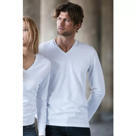 KARIBAN MEN'S LONG SLEEVE (KA355) nyári hosszú ujjú férfi póló V nyakú oldalvarrott testhez álló, Pamut/Elasztán