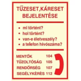   Tűz- és káreset bejelentése, után világítós tűzvédelmi öntapadós tábla